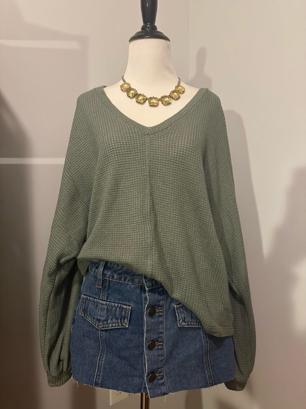 Sage Green V-Neck Waffle Knit Sweater